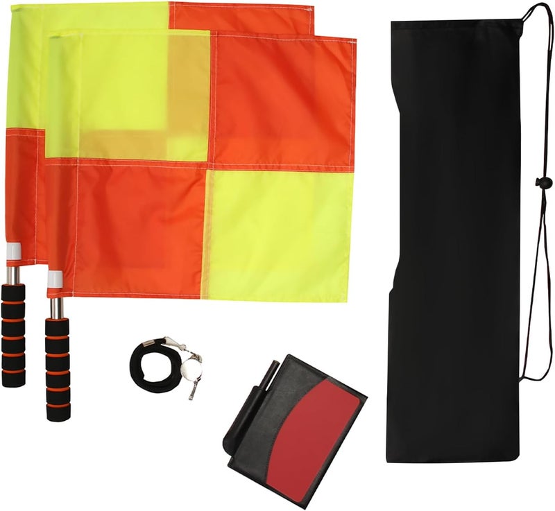 redgino Store Soccer Referee Kit 2 Pcs Checkered Linesman Soccere Flags, Red Yellow Ref Cards with Notebook and Pencil,Coach Stainless Steel Whistles with Storage Bag - Image 1